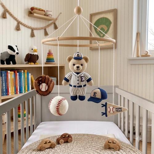 Personalized Baseball Bear Baby Mobile, Crochet Baseball Crib Mobile, Sports Nursery Decor, Handmade Teddy Bear Mobile, Baby Shower Gift