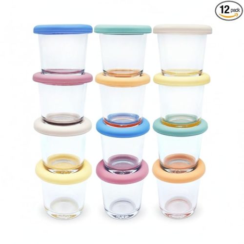 Elk and Friends 4oz Borosilicate Glass Baby Food Storage Jars with Silicone Lid | Strong Glass | Set of 12 | Microwave, Oven & Dishwasher Safe | Infant and Babies