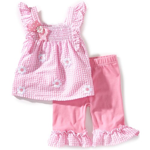 Rare Editions Baby Girls Sleeveless Daisy-Schiffli-Embroidered Checked Seersucker Tank Top & Coordinating Capri Leggings Set