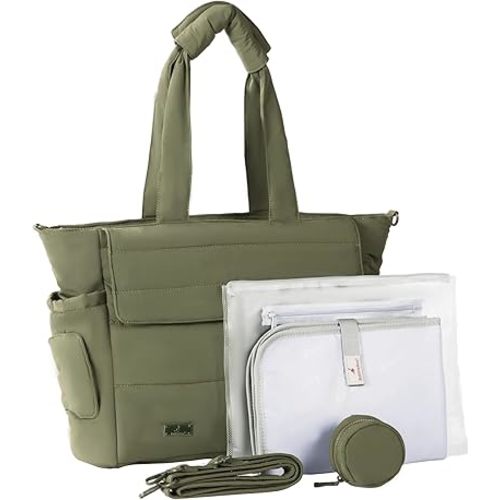 BabbleRoo Flo Tote Diaper Bag, 14-Pocket Cloud-Soft Puffer Newborn Bag for Parents, 14-Inch Laptop Sleeve, 3 Insulated Bottle Slots, Wet Pouch, Luggage Strap, Changing mat, Hidden Pocket,Seaweed Green