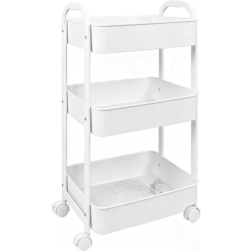 3-Tier Rolling Utility Cart with Caster Wheels,Easy Assembly, for Kitchen, Bathroom (White)