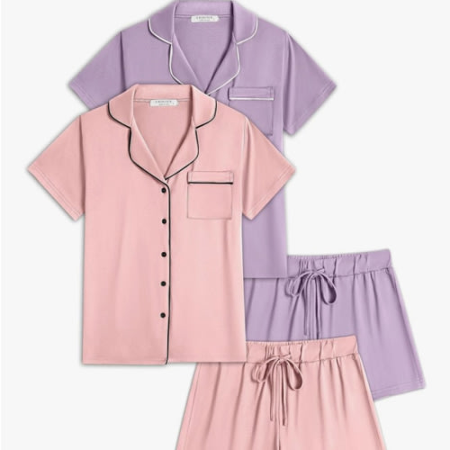 Ekouaer Womens Pajamas Set 2 Pack Button Down Summer Sleepwear Short Sleeve Comfy Pjs Loungewear Set