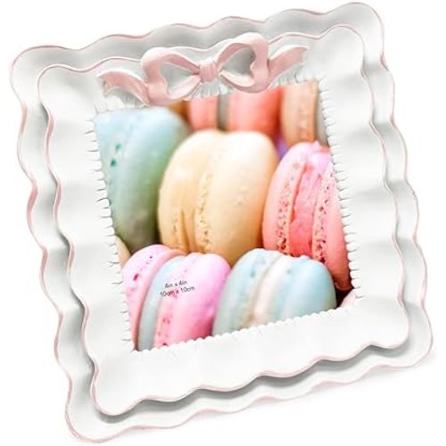 Isaac Jacobs 4x4 White With Blush Resin Picture Frame, Layered Double Ruffle Wave Design with Bow, Tabletop & Wall Display Photo Frame, Home Décor, Art, Photo Gallery (4x4, White With Blush)