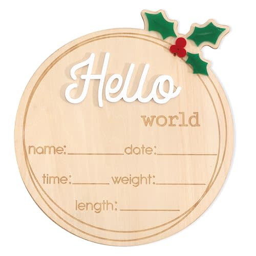 Wooden "Hello World" Baby Announcement Board - Newborn Birth Sign, Baby Shower Decor, Hospital Nursery Information Board, Baby Milestone Photo Prop, Gender Neutral Keepsake (Holly Berries Christmas)
