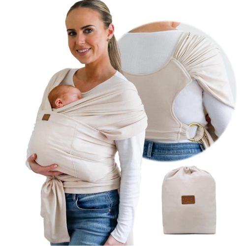 Stylish Beige & Gold Baby Carrier Wrap: Comfortable, Soft & Supportive, Adjustable Ring Sling for Mom & Dad, Ideal for Baby Registry, Newborn to Toddler, Baby Shower