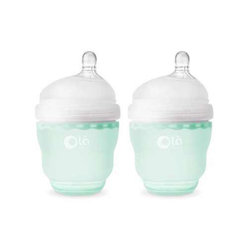Olababy Gentle Silicone Baby Bottle, Anti-Colic, BPA Free, Easy to Clean and Wide Neck Baby Bottles Best for Breast Feeding Babies 3 Piece Set (4 Ounce, Sky)