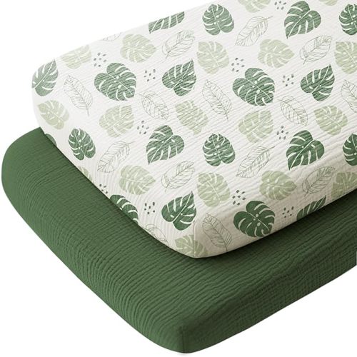 Konssy 2 Pack Muslin Bassinet Sheets for Boys, Girls, 100% Cotton Soft Breathable Fitted Bassinet Mattress Sheet, 33 x 21 inches (Sage Green,Leaf)