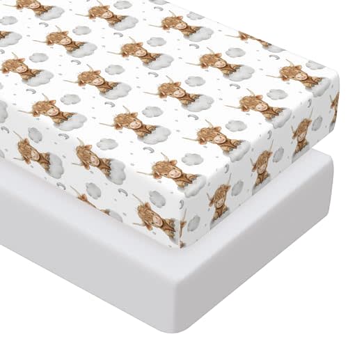Peryiter 2 Pack Highland Cow Crib Sheets for Girls Boys Western Bed Sheet Set Fitted 52'' x 28" for Standard Crib Mattress Stretchable Soft Toddler Aesthetic Nursery Decor