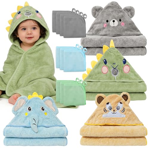 14 PCS Baby Bath Towels Set, 4 PCS Large 31"x31" Animal Hooded Towels & 10 Washcloths, Thick & Ultra Absorbent for Newborns Infants Toddlers 0-5 Years, Soft for Boys