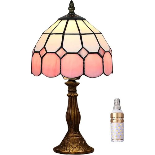 Table Lamp Tiffany-Style 8 Inch Mediterranean Series Stained Glass Lampshades Small Bedside Lamp Reading Antique Desk Light Livingroom Bedroom Office Vintage Art De(Color:Pink)