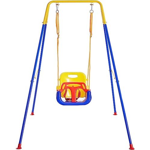 FUNLIO 3-in-1 Toddler Swing Set with 4 Sandbags, Indoor/Outdoor Baby Swing with Foldable Metal Stand, Kids Swing Set for Backyard, Clear Instructions, Easy to Assemble & Store