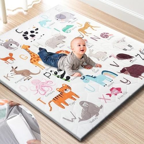 TINYHARBO Premium Foam Baby Play Mat 50" x 50" – Removable & Machine Washable Cover, Extra Thick Padding Playpen Mat, Alphabet Zoo