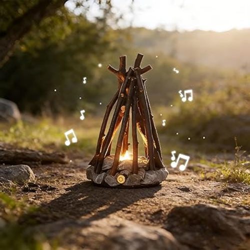 Fake Campfire Light Battery, Tiny Campfire LED Woodland Tabletop Nightlight, Miniature Flicker Camp Fire Bedside Lamp Faux, Camping Theme Decoration for Kids Bedroom, Shelf, 6" W x 9.65" H