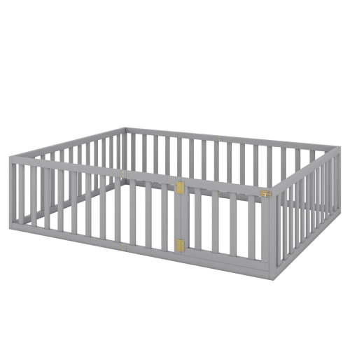 Large Baby Playpen Play Fence with Locking Door, Solid Wood Toddlers Gate Play Pen with Thickened Guardrail, Multifunctional Indoor Activity Center Playard, 82.7"L x63"W x21.6"H, Gray