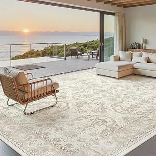 8x10 Area Rugs, Washable Rugs, Large Stain Resistant Beige Area Rug for Living Room Bedroom Dining Room, Vintage Farmhouse Rug