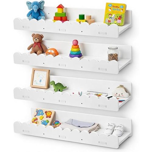 Scalloped Shelves - Set of 4 Pre-Assembled 15.6inch White Floating Nursery Book Shelves, Scalloped Book Shelf - Kids Wall Decor, Nursery Decor, Floating for Wall