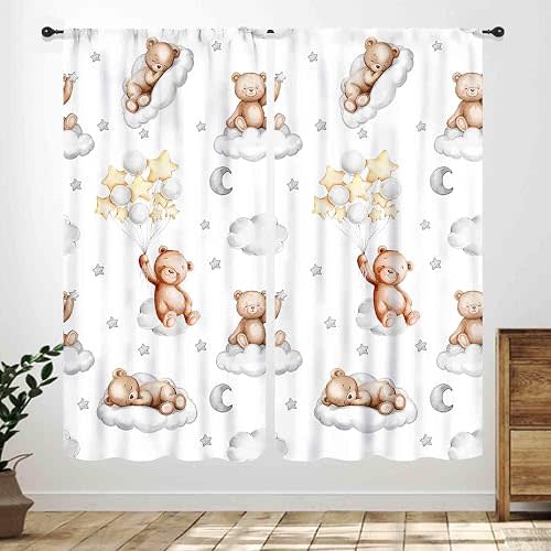 Cartoon Bear Curtains,Kids Boys Girls Cute Sleeping Bears Cloud Star Balloon Window Treatments for Nursery Toddler Baby Bedroom Living Room Classroom Drapes 2 Panels,42X45 Inch