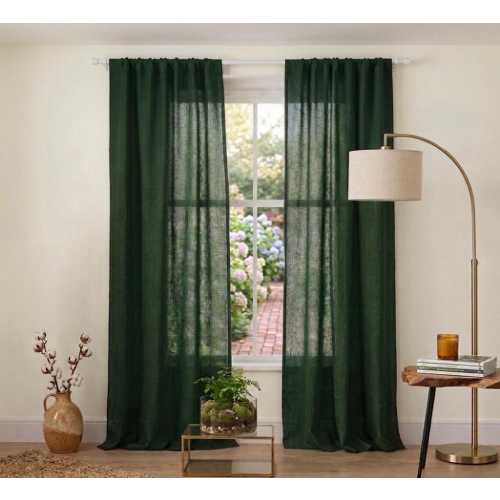 Forest Green Linen Cotton Curtains - Set of 2 Panels - Dark Emerald Semi Sheer Drapes - Custom Size Living Room Decor - Boho Window