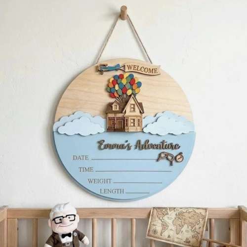 Custom Pixar Up Baby Birth Announcement Sign, Personalized Adventure Nursery Wood Sign With Name, Newborn Baby Room Decor, Shower Gift