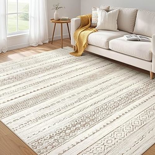 Area Rug Living Room Rugs: 5x7 Machine Washable Boho Large Neutral Farmhouse Stain Resistant Moroccan Indoor Floor Carpet for Bedroom Nursery Dorm Classroom Playroom Dining Room Home House- Brown