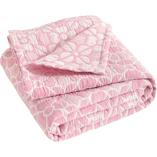 NTBAY 3 Layer Toddler Blanket, Muslin Cotton Jacquard Bed Blankets, Lightweight Thermal Baby Blanket, Super Soft and Warm Crib Blanket for All Seasons, Decoration Gift, 30"x40", Pink Clover
