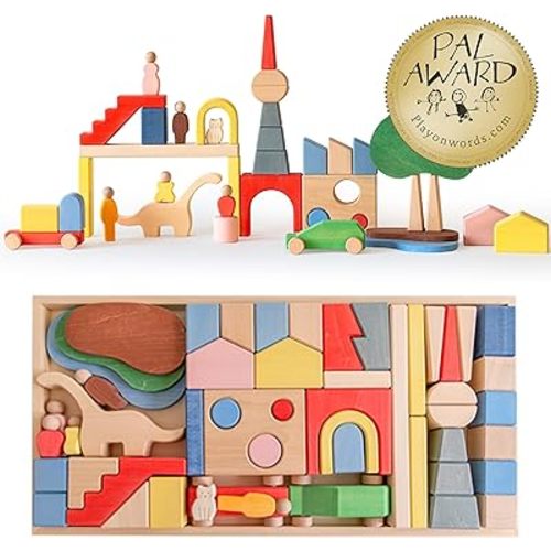 AVDAR Large Wooden Building Blocks for Toddlers, Exclusive Designed Metropolis Wooden Blocks Ages 1-3, City Construction Stacking Educational Montessori Toys Gifts