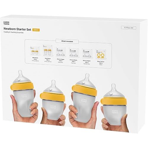 Comotomo Newborn Starter Set - 12 Piece Baby Bottle Gift Set, Yellow