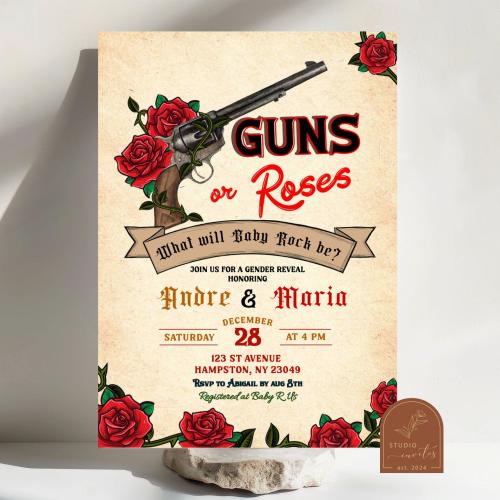 Vintage Guns or Roses Gender Reveal Invitation, Baby Rockstar Twins Gender Reveal, Gun Red Roses Cowboy He or She Gender Reveal Invite C73