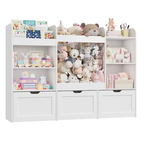 61" W Extra Large Kids Toy Storage Organizer with Bookshelf and Stuffed Animal Storage, 3 Large Movable Drawers, 4 Compartments & 3-Tier Shelves for Kids Room, Playroom, White