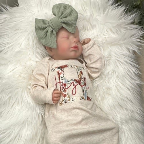 Personalized baby girl gown and bow set | Vintage floral oatmeal coming home outfit Sage Burgundy