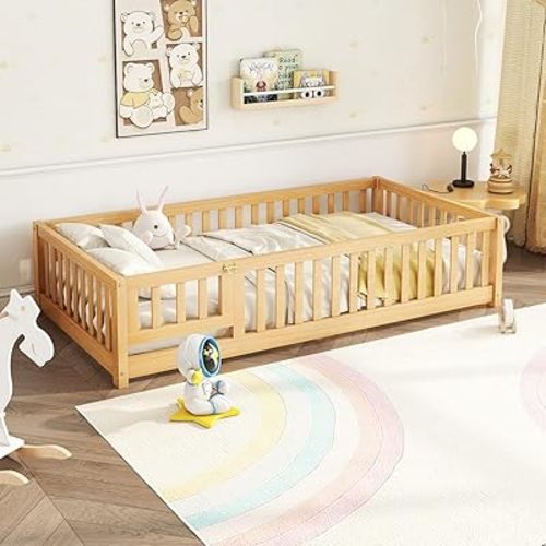 Bellemave Twin Floor Bed with Slats and Door, Twin Size Montessori Floor Bed with Fence and Door, Easy Assemble Montessori Beds Frame for Girls, Boys, Natural
