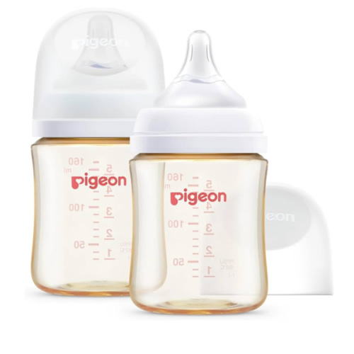 Pigeon Glass Nursing Bottle Wide Neck, Anti-Colic, Streamlined Body, Natural Feel, Easy to Clean, Heat-Resistant, 5.4 Oz (Pack of 2), Includes 2pcs SS Nipples (0m+)