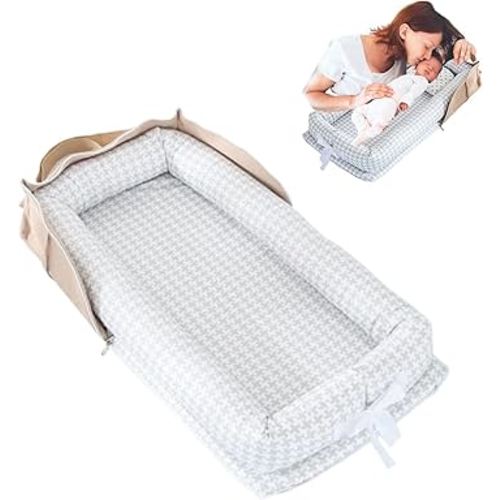Baby Lounger for Newborn Portable Bag,Baby Nest Co Sleeping for Baby in Bed with Strap,Newborn Lounger Adjustable Size & Inner Zipper Lengthen Space to 24 Months(Gray Thousand Bird Check)