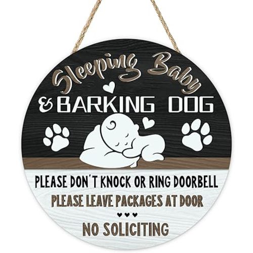 Sleeping Baby Metal Sign, Barking Dog Please Don't Knock No Soliciting Tin Sign Front Door Hanger Nursery Decor, Farmhouse Rustic Indoor Wall Hanging Kids Infant Bedroom Home Decoration
