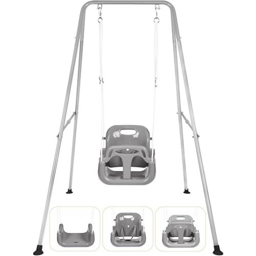 3-in-1 Toddler Swing Set, Indoor & Outdoor Baby Swing Heavy Duty Swing Set with Foldable Metal Stand for Aged 6 Months to 10 Years Old, Easy to Assemble and Store(Gray)