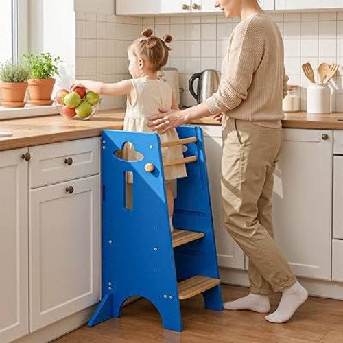 COSYLAND Toddler Standing Tower Adjustable Height - Super Stable Kids Kitchen Stool Helper with 4 Support Blocks - 3 Levels Adjustable Wooden Toddler Kitchen Stool (Natural & Navy Blue)