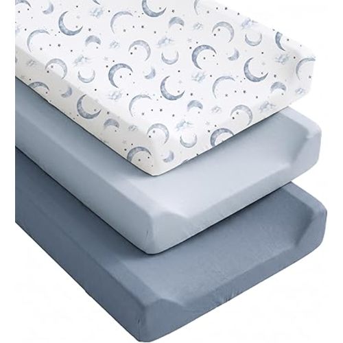 Konssy Silky Soft Changing Pad Cover 3 Pack, Ultra-Stretchy Diaper Changing Table Sheets, Breathable Snug Fit for Standard 32" x 16" Contoured Pads, Boho Neutral Sheets for Boys & Girls (Blue Moon)