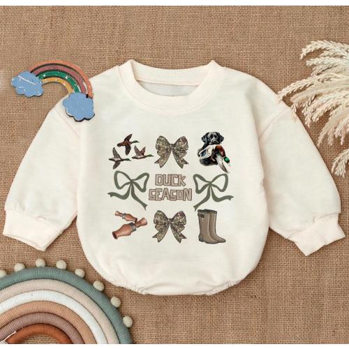 Duck Season Romper Sweatshirt, Camo Coquette Bow Baby Bodysuit, Duck Hunting Newborn Outfit, Outdoor Fall Baby Outfit, Kids Camouflage Gift