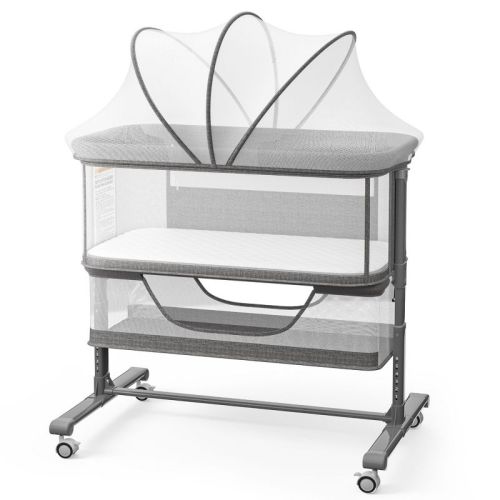 Kinder King Portable Baby Bassinet with Wheels, All-Mesh Bedside Sleeper, Newborn Crib with Removable Mattress, Dark Gray