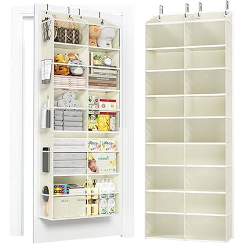 5-Tier Over The Door Organizer with 10 Side Mesh Pockets & Clear Windows, 80 lbs Weight Capacity Hanging Storage for Bathroom, Bedroom, Nursery, Kitchen, Organize Shoes, Diapers(Clear Beige)