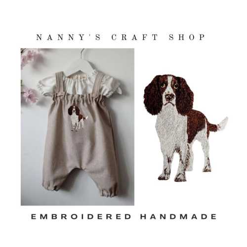 Springer spaniel outfit. Baby girl dog outfit. Dog romper. Dog overalls. Baby clothes. Baby gift. Baby shower. Embroidered baby clothes