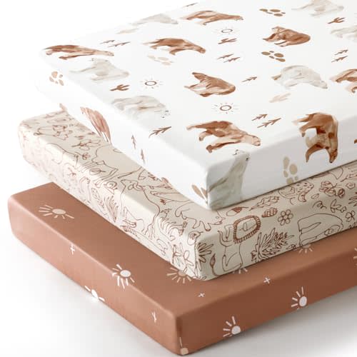 GRSSDER Fitted Pack N Play Sheets 3 Pack, Stretchy Ultra Soft Jersey Knit Portable/Mini Crib Sheets, Universal Fit for Pack N Play Pads Safe and Snug, Stylish Playard Sheets for Boys and Girls