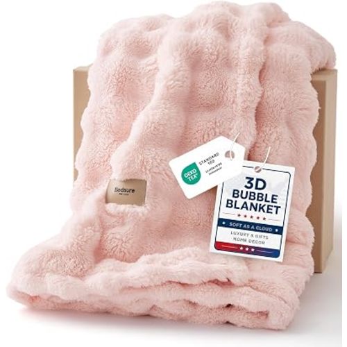 Bedsure 3D Fleece Bubble Blankets for Couch - Cute Pink Throw Blanket for Sofa Bedroom Decor - Luxury Soft Cozy Pink Birthday Gifts for Women Girls, Lightweight, Light Pink, 50"×60"
