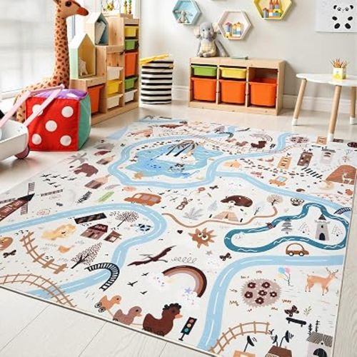 UKISS Road Adventure Kids Play Rug, 55" x 55" Traffic Road Play Mat, Animals & Camping Scene, Non-Slip Washable Educational Carpet for Toddlers, Playroom, Nursery, Bedroom and Classroom Blue&White