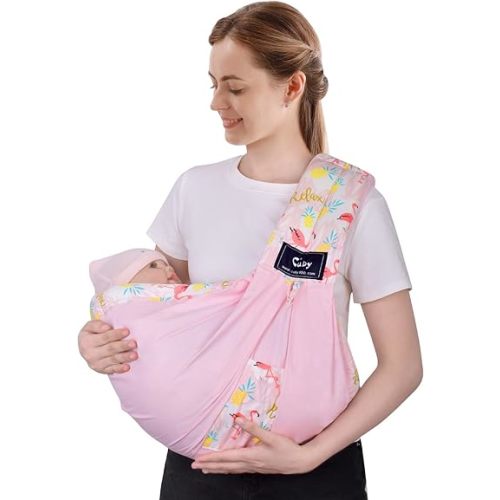 Baby Carrier by Cuby, Natural Cotton Baby Wraps Sling Baby Holder Extra Comfortable for Easy Wearing Carrying for Newborn, Soft and Adjustable Newborn and Toddler Carrier Slings (Pink Flamingo)