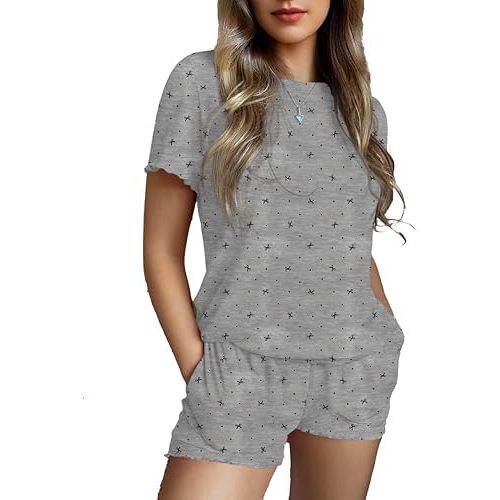 Ekouaer Womens Pajamas 2 Piece Ribbed Knit Pjs Short Sleeve Sleepwear Set Summer Soft Pajamas Set Casual Lounge Sets