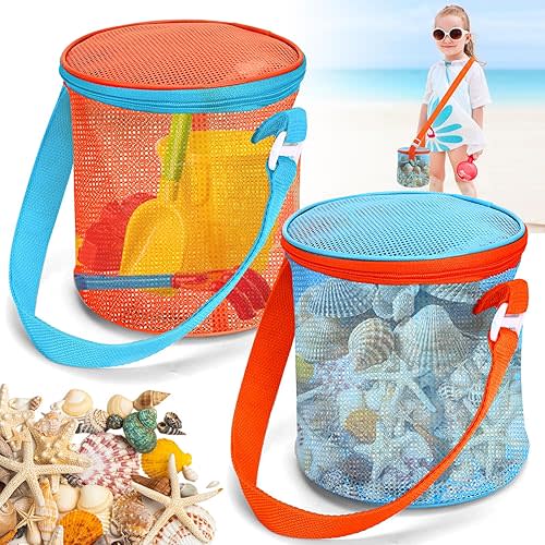 Sea Shell Bags for Beach,2pcs Mesh Seashell Holder,Shelling Collecting Tools Travel Sand Toys Storage Bucket for Sandbox,Beach Vacation Essentials for Kids,The Beach Must Haves Sand Box Toy Bag