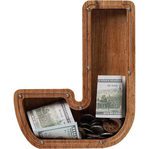 ladenk 12 Inch Extra Large Wooden Kids Letter Piggy Bank - Piggy Bank for Boys Girls - Initial J Bank - Alphabet Money Bank for Birthday