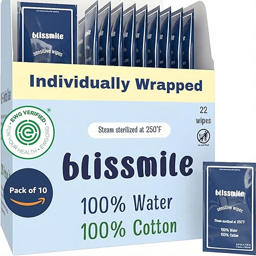 100% Water & Cotton Wet Wipes Travel Size - Individually Wrapped - Fragrance & Preservative-Free for Baby, Women & Sensitive Skin - Gentle Hand, Face, Body & Feminine Care - 220 Count