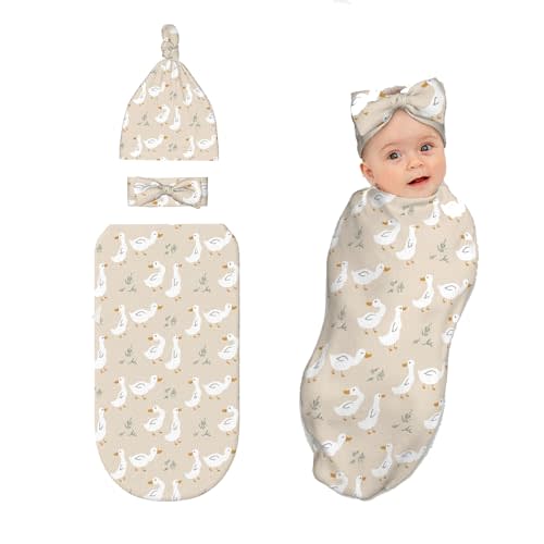 Goose Baby Stuff Swaddle Blanket with Headband and Beanie Set, Newborn Receiving Blanket Outfit Infant Shower Gift for Boys Girls